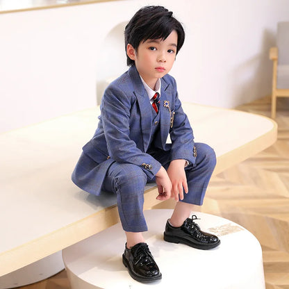 Boys’ 3-Piece Plaid Suit – Blazer, Vest & Pants (1–14Y)