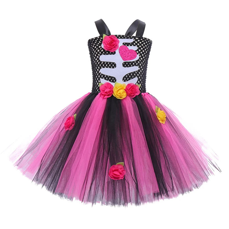 Girls Halloween Performance Outfit – Skull & Floral Tutu