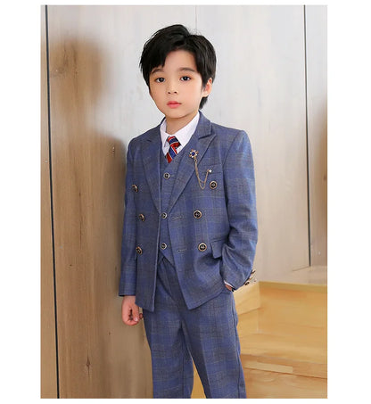Boys’ 3-Piece Plaid Suit – Blazer, Vest & Pants (1–14Y)