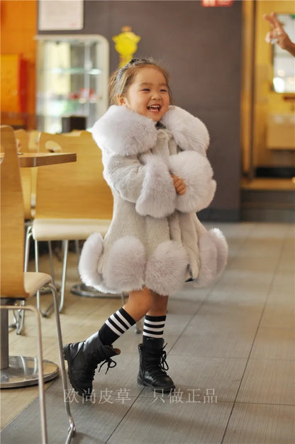 Korean Style Girls’ Winter Coat – Fox Fur Look