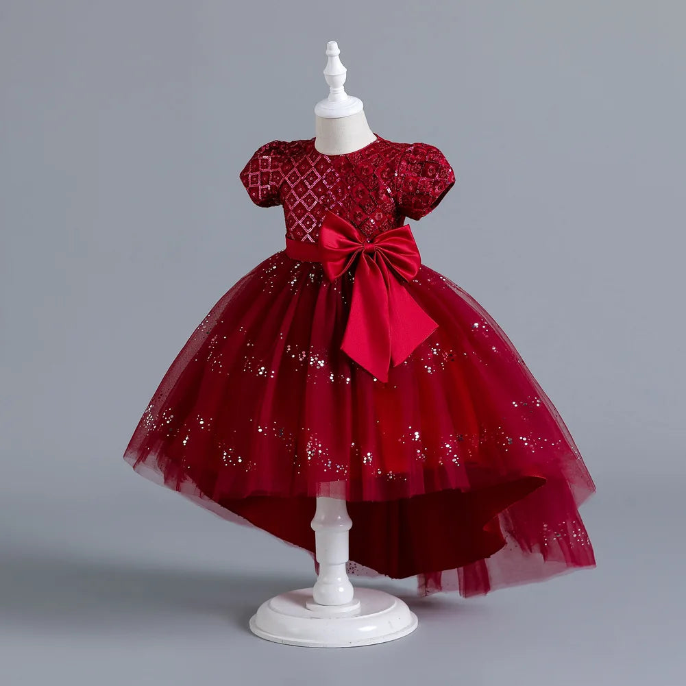 Kids’ Sequin Dress – High-Low Puffy Tutu with Bow Belt
