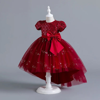 Kids’ Sequin Dress – High-Low Puffy Tutu with Bow Belt