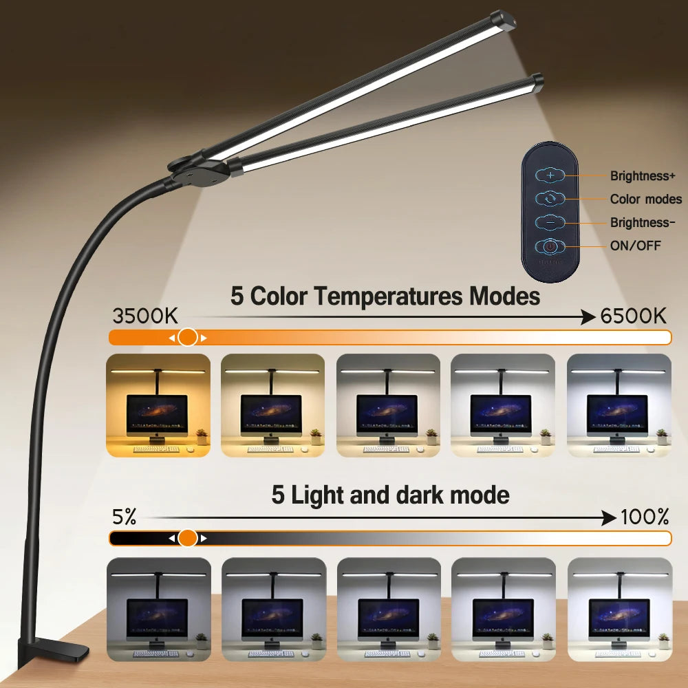 LED Desk Lamp: Single/Double Head, Dimmable, Eye-Care, 3 Color Modes