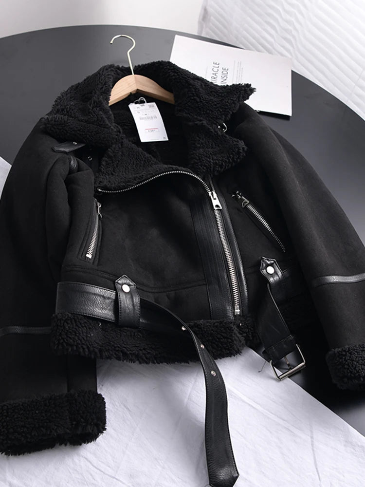 Women's Faux Shearling Suede Biker Jacket – Warm Winter Coat
