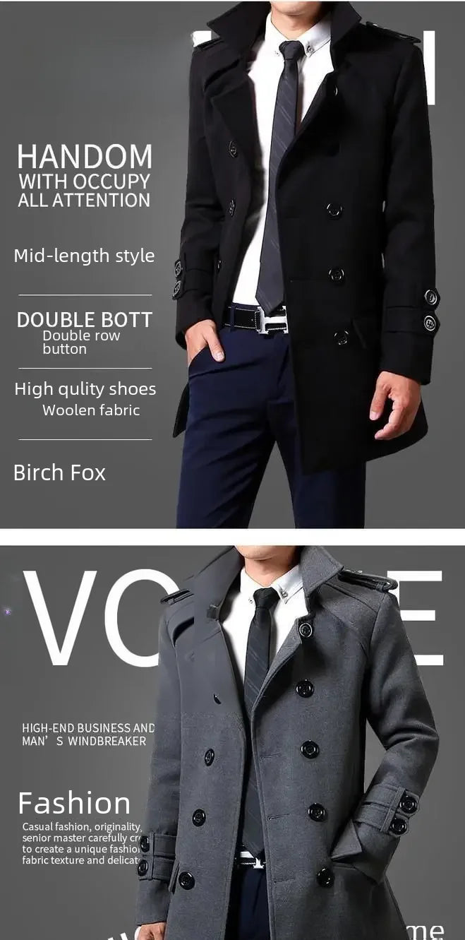 British Style Trench Coat for Men – Slim Fit Woolen Overcoat