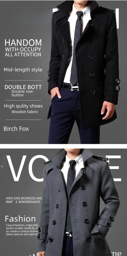 British Style Trench Coat for Men – Slim Fit Woolen Overcoat