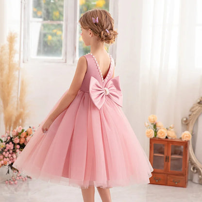 Kids Birthday Princess Dress with Bow & Pearls