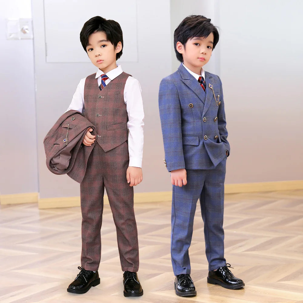 Boys’ 3-Piece Plaid Suit – Blazer, Vest & Pants (1–14Y)