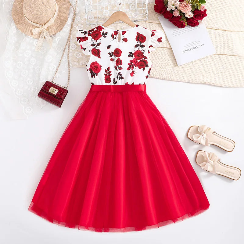 Girls' Floral Tulle Dress with Belt – Ages 8–12