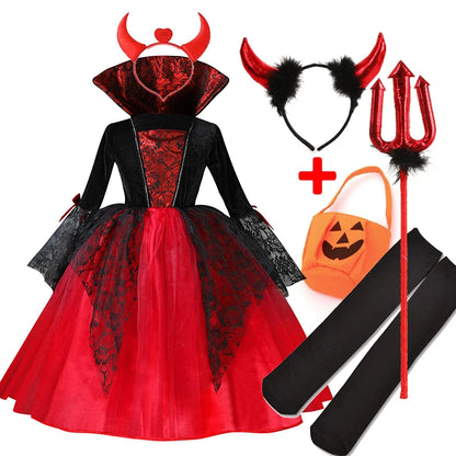 Girls Red & Black Vampire Costume – Halloween Gothic Party Dress