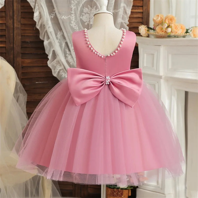 Kids Birthday Princess Dress with Bow & Pearls