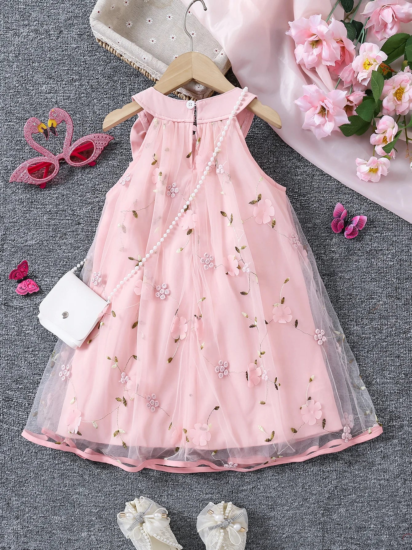 Girls' Summer Halter Dress with 3D Flowers & Bag