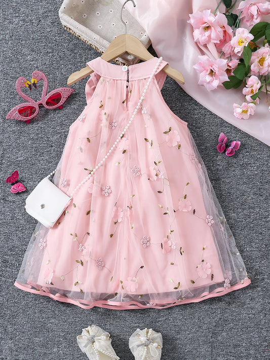 Girls' Summer Halter Dress with 3D Flowers & Bag