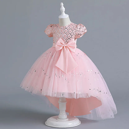 Kids’ Sequin Dress – High-Low Puffy Tutu with Bow Belt