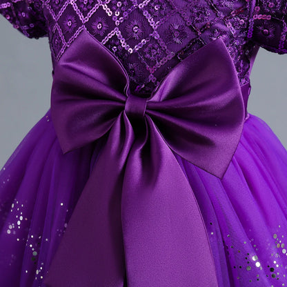 Kids’ Purple Sequin Dress – Bubble Sleeves