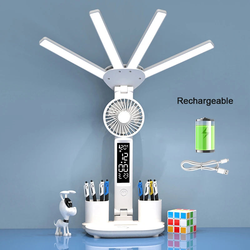 Rechargeable LED Table Lamp: Study Light with Fan & Clock Display