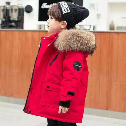 Kids’ Padded Winter Jacket – Thick Fur Collar Hooded Parka, Warm Cotton Coat for Boys & Girls
