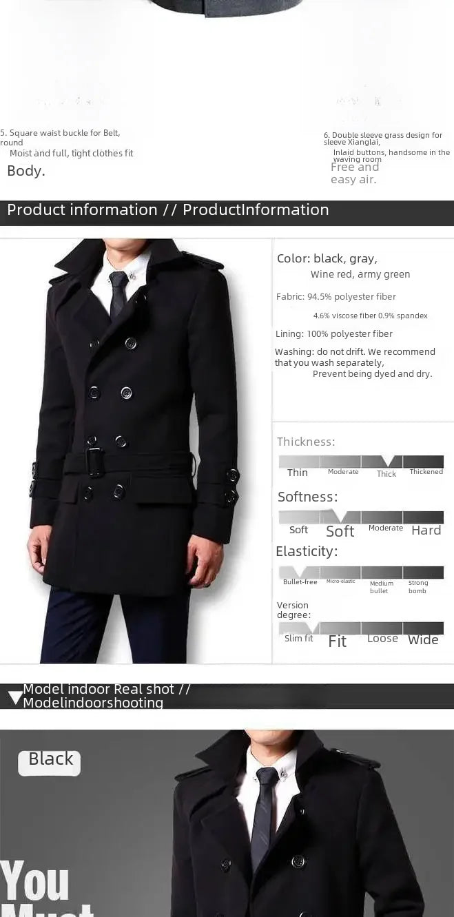 British Style Trench Coat for Men – Slim Fit Woolen Overcoat