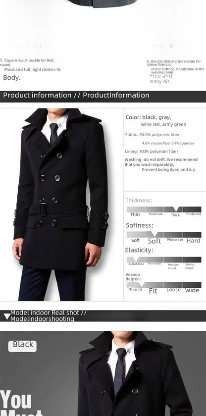 British Style Trench Coat for Men – Slim Fit Woolen Overcoat