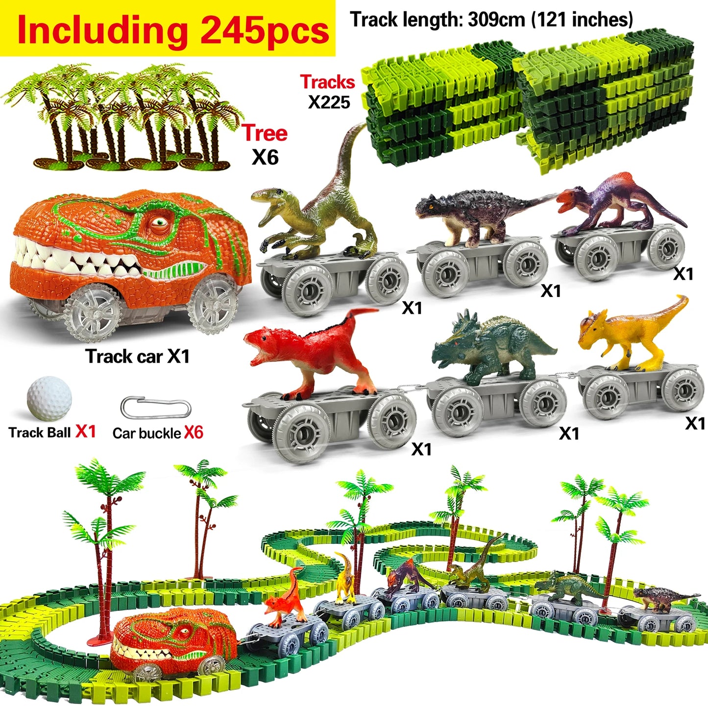 Magical Dinosaur Train Track Set – Flexible Racing Tracks with Flash Light Car!