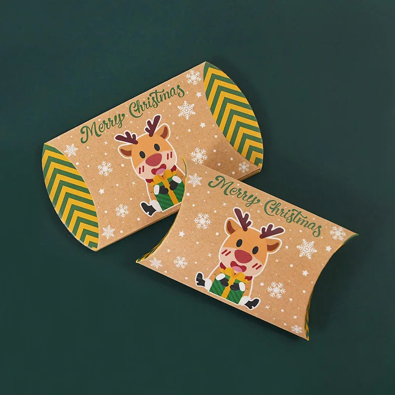 10pcs Christmas Pillow-Shaped Gift Boxes – Kraft Paper Candy & Cookie Packaging