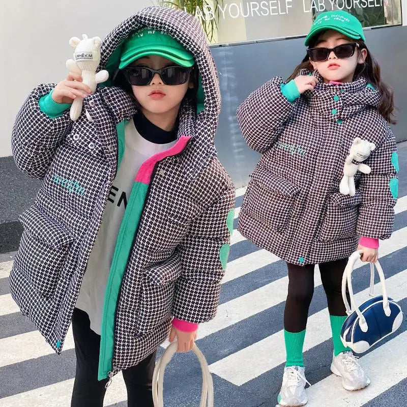Warm Grid Design Jacket for Girls – Bonus Bear Toy 2025