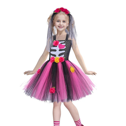 Girls Halloween Performance Outfit – Skull & Floral Tutu