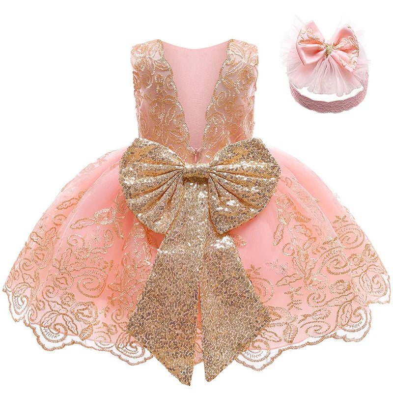 Baby Girl Lace Princess Dress with Big Bow – 3-24M