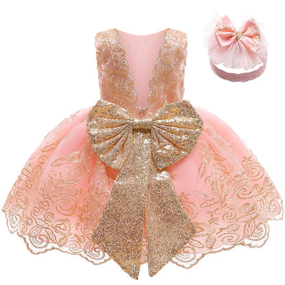 Baby Girl Lace Princess Dress with Big Bow – 3-24M