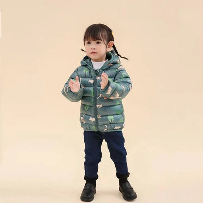 Adorable Kids' Hooded Down Jackets – Lightweight, Warm, and Dino-Fun