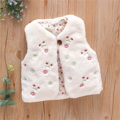 Baby Girls’ Fur Vest – Embroidered Sleeveless Coat (0–3Y)