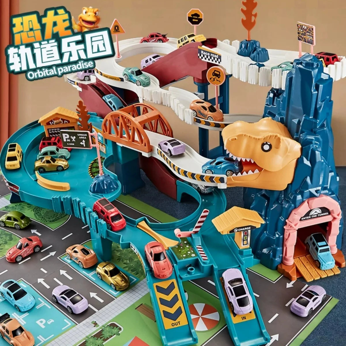 Electric Rail Car Dinosaur Adventure Set – Interactive Racing & Parking Lot for Kids!