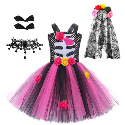 Girls Halloween Performance Outfit – Skull & Floral Tutu