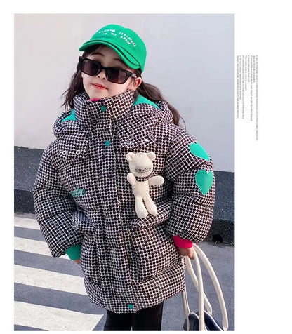 Warm Grid Design Jacket for Girls – Bonus Bear Toy 2025
