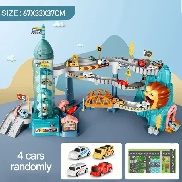 Electric Rail Car Dinosaur Adventure Set – Interactive Racing & Parking Lot for Kids!