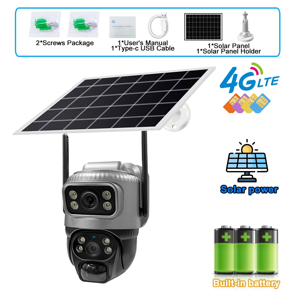 8MP 4K Solar Security Camera | 4G/WiFi | Dual Lens | PIR Motion | Night Vision