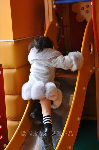 Korean Style Girls’ Winter Coat – Fox Fur Look