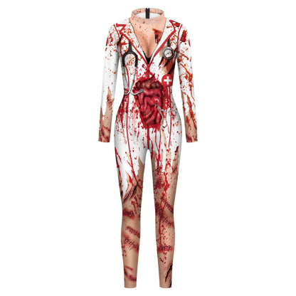 Scary Nurse Cosplay Costume – Blood-Print Slim Bodysuit for Party