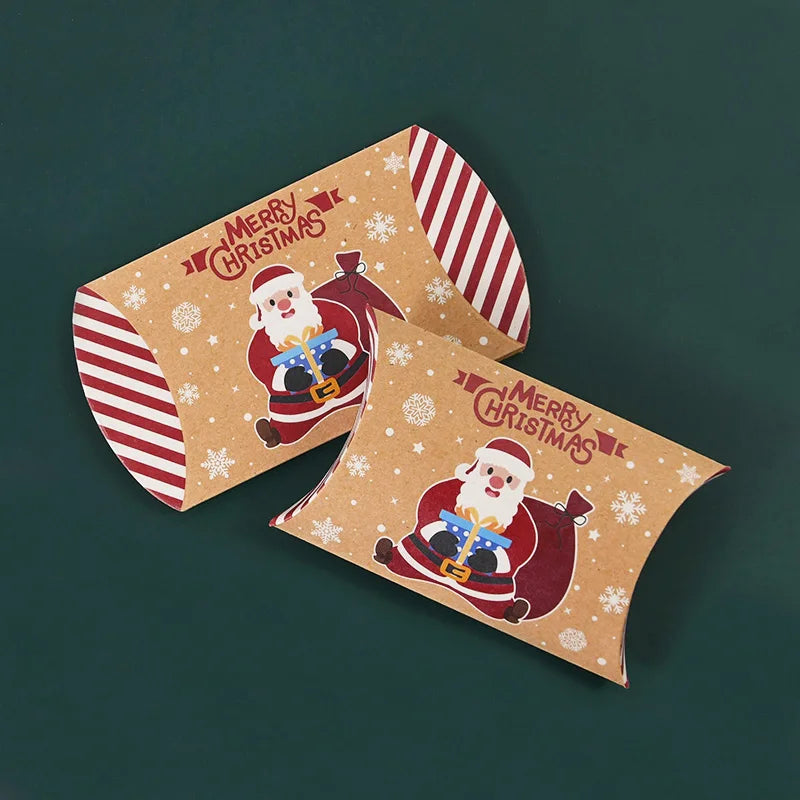 10pcs Christmas Pillow-Shaped Gift Boxes – Kraft Paper Candy & Cookie Packaging