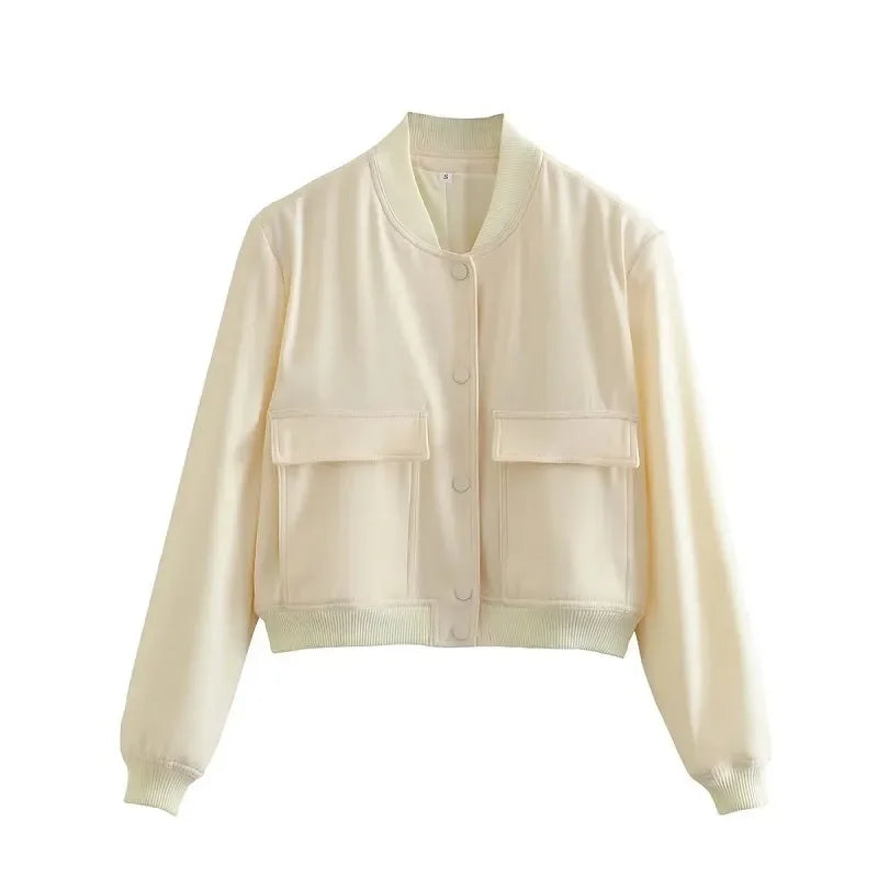 Women's White Cropped Bomber Jacket – Stylish Aviator Coat for Autumn & Winter