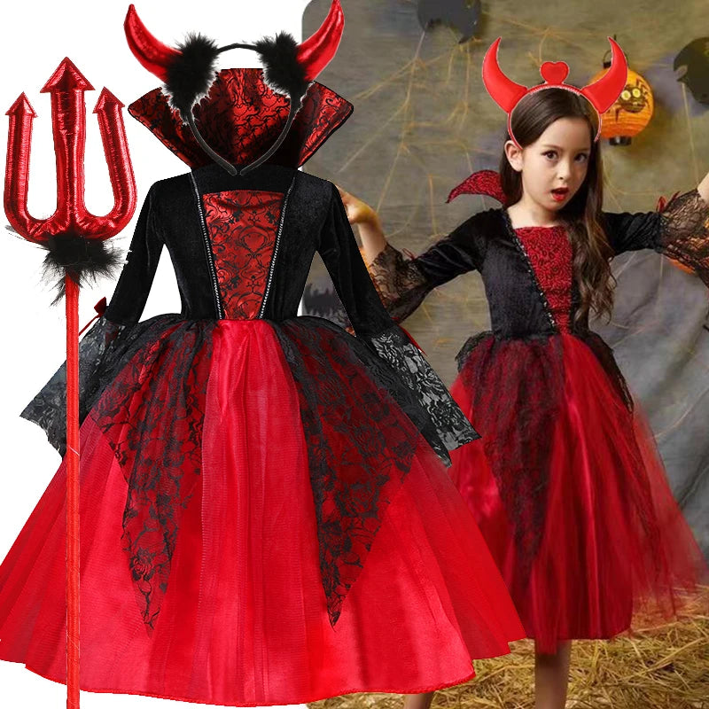 Girls Red & Black Vampire Costume – Halloween Gothic Party Dress