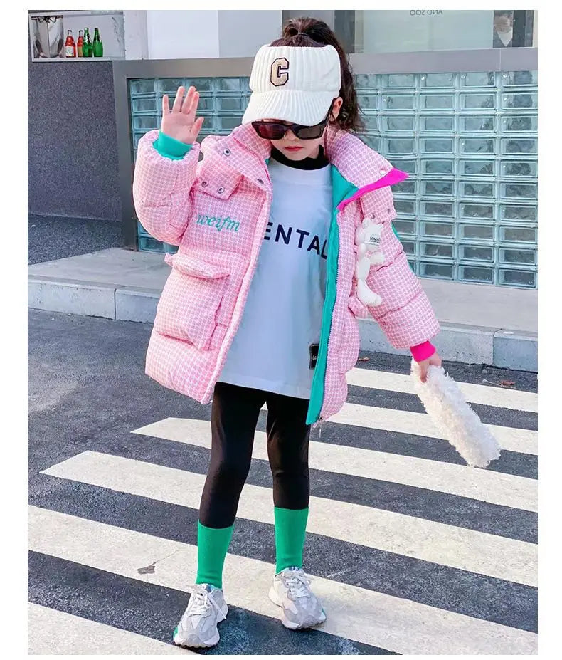 Warm Grid Design Jacket for Girls – Bonus Bear Toy 2025