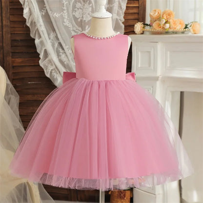 Kids Birthday Princess Dress with Bow & Pearls