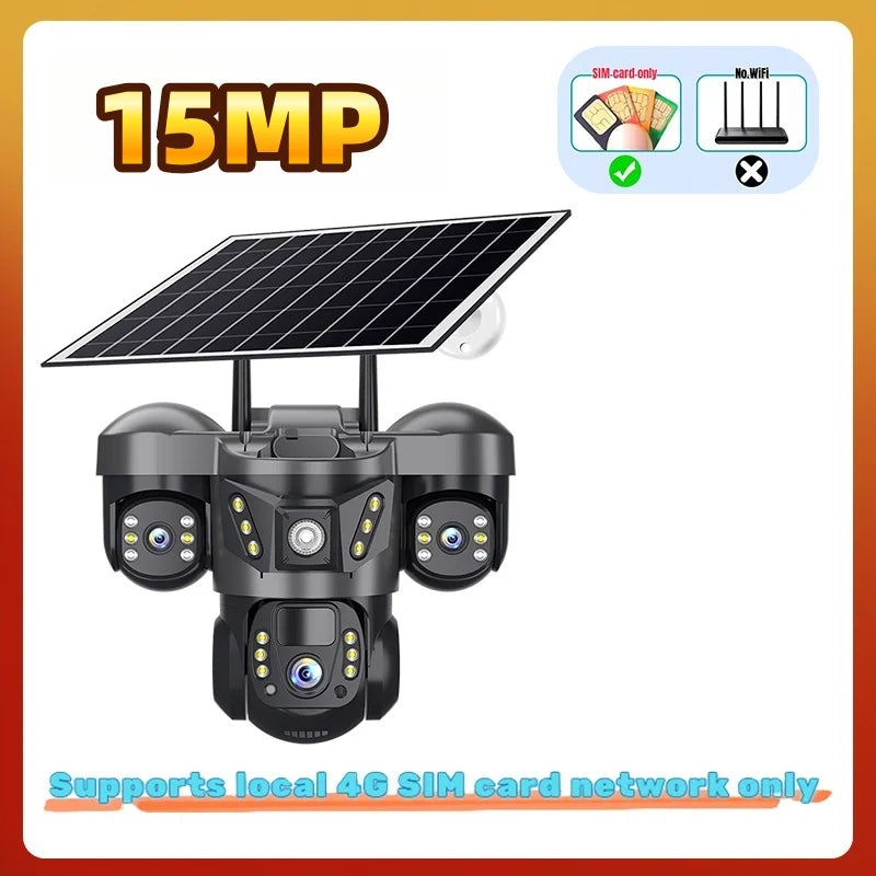 Triple Lens 15MP 4G Solar Security Camera | 10X Zoom | PIR Motion Detect
