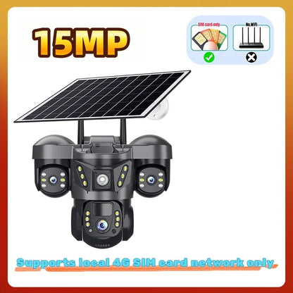 Triple Lens 15MP 4G Solar Security Camera | 10X Zoom | PIR Motion Detect