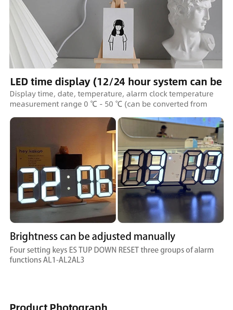 3D LED Digital Clock – Stylish, Multifunctional Wall Timepiece with USB Power