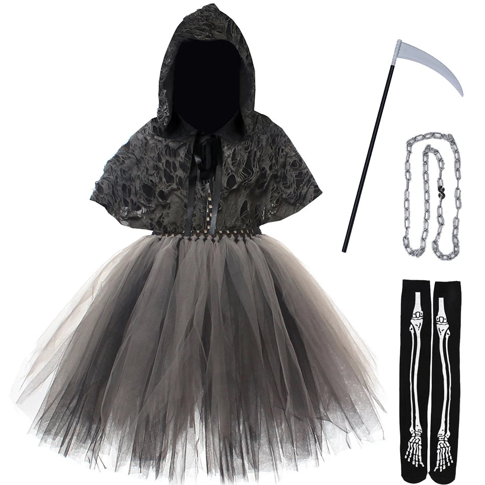 Girls Evil Halloween Outfit – Grim Reaper Carnival Costume