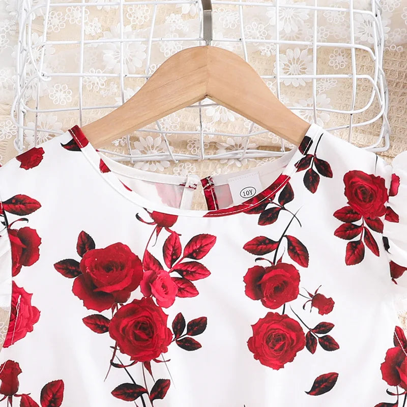 Girls' Floral Tulle Dress with Belt – Ages 8–12