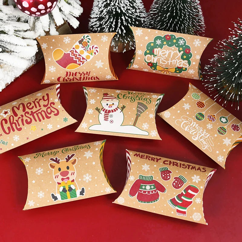 10pcs Christmas Pillow-Shaped Gift Boxes – Kraft Paper Candy & Cookie Packaging