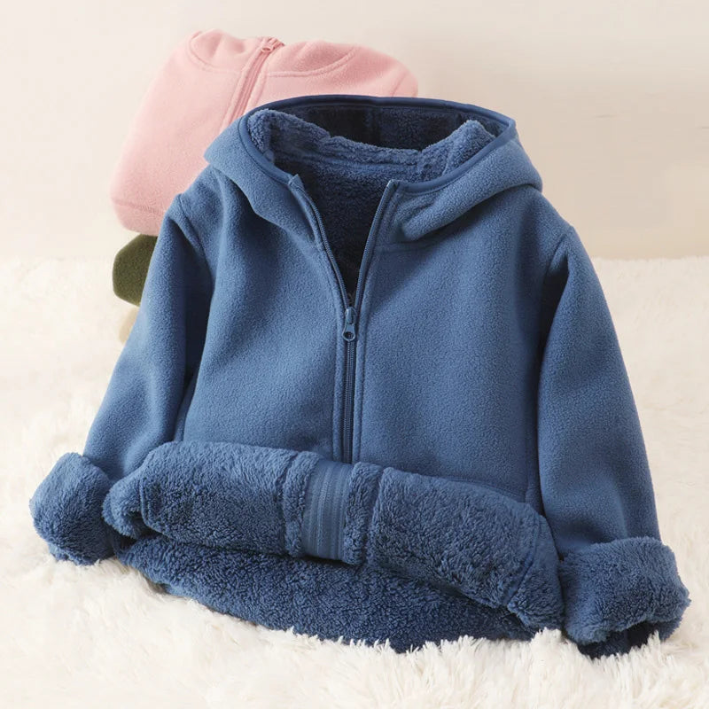 Warm Plush Velvet Jackets – Kids’ Hooded Winter Coat for Teens